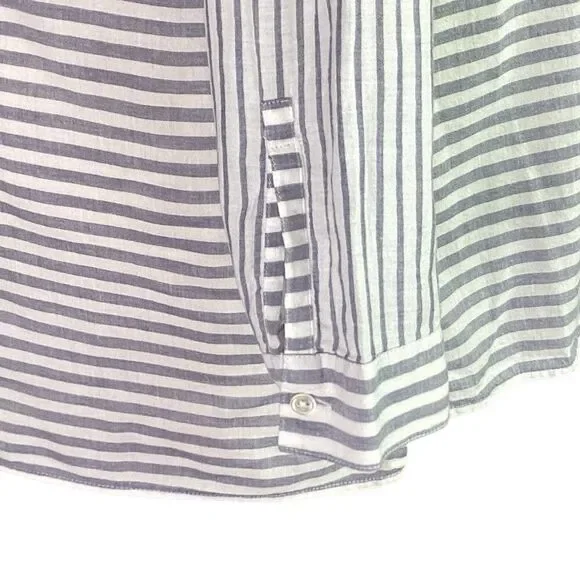 J Jill Fit Top Women L Gray White Cotton Stripe Roll Tab Sleeve High Low Tunic - Picture 5 of 11
